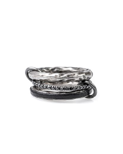 GUIDI women G AN10DN 3 Ring Set black diamonds black leather 925 sterling silver hide m 1