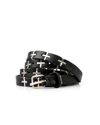 M.A MAURIZIO AMADEI men women cross studded q buckle skinny belt damen herren guertel EQ2A GR 3.0 cow leather 925 sterling silver black hide m 2