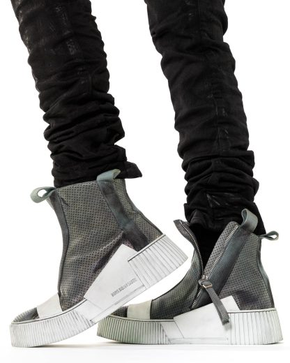BORIS BIDJAN SABERI BBS men BAMBA3.1 high top zip sneaker shoe boot herren schuh object dyed hand treated nat white tan cow leather perforated ink grey hide m 17