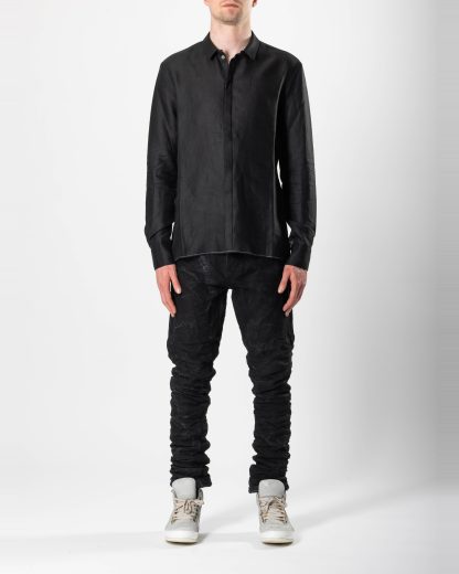 LABEL UNDER CONSTURCTION 45FSH271 14X BK Men Hidden Buttonholes Shirt Herren Hemd linen black hide m 3