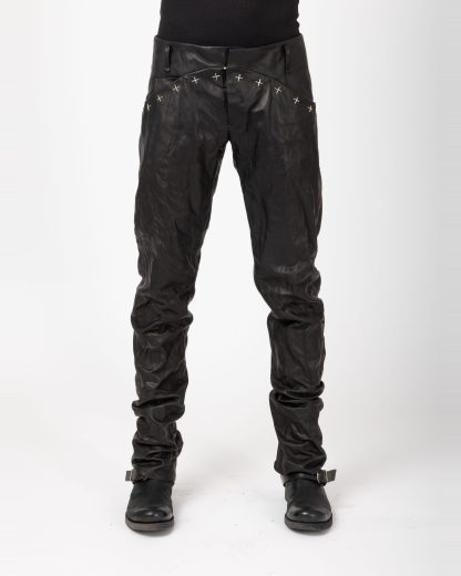 MA+ Maurizio Amadei P211+ SY 1.0 Men 5 Pocket Medium Fit Pants With Silver Crosses Herren Leder Hose cow leather black hide m 4
