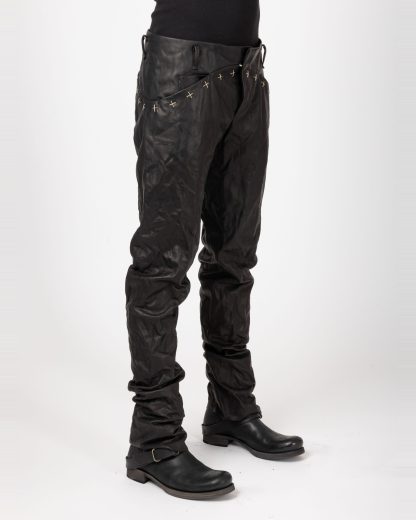 MA+ Maurizio Amadei P211+ SY 1.0 Men 5 Pocket Medium Fit Pants With Silver Crosses Herren Leder Hose cow leather black hide m 5